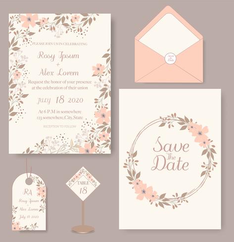 Tarjeta de invitación de boda con plantillas de flores vector