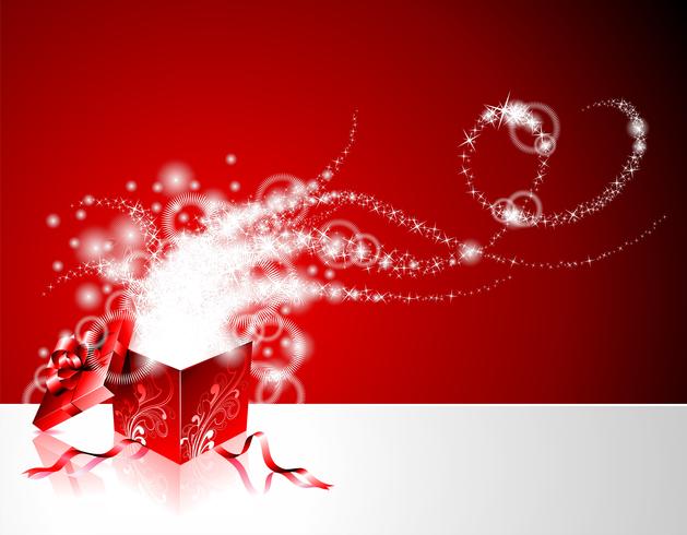 Christmas illustration with gift box on red background. vector