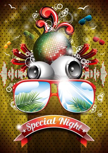 Vector Summer Beach Party Flyer Design with disco ball and sunglasses