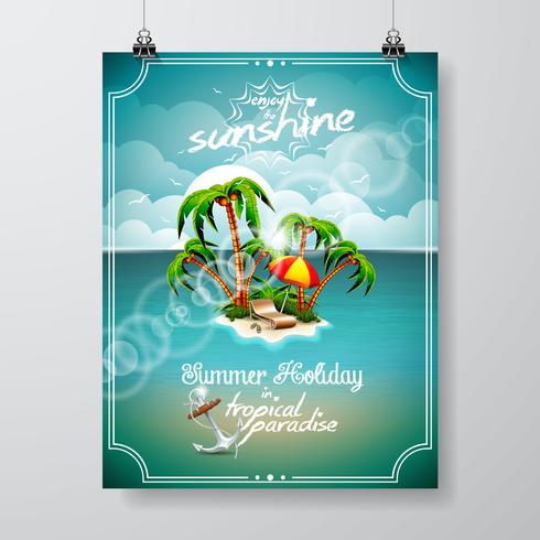Ilustración vectorial sobre un tema de vacaciones de verano con la isla paraíso vector