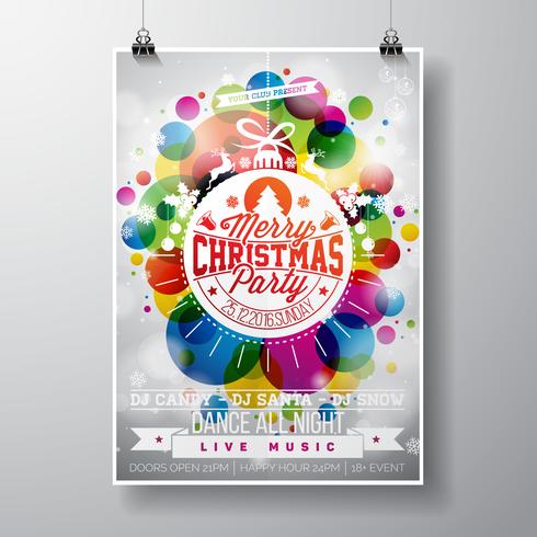 El ejemplo de la feliz fiesta de Navidad con tipografía del día de fiesta diseña en bola de cristal abstracta en fondo brillante del color. vector