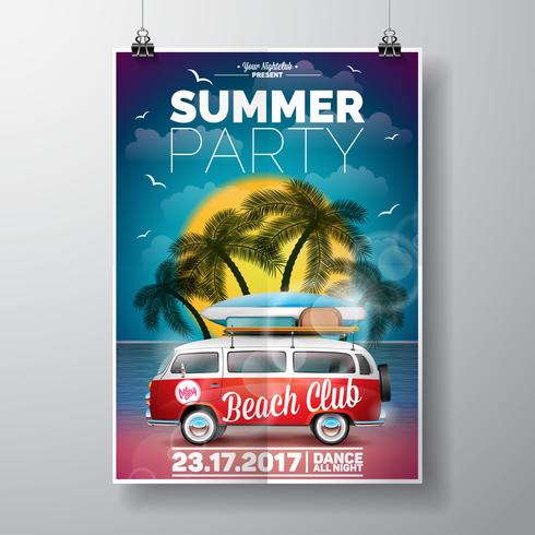 Vector Summer Beach Party Flyer Design with travel van and surf board on palm background