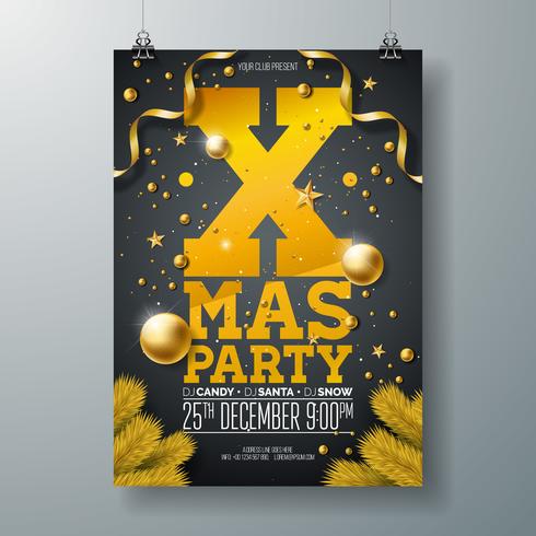 Fiesta de Navidad Flyer diseño con adornos, y ramas de pino vector