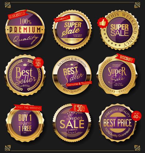 Insignias y etiquetas de oro premium de lujo vector