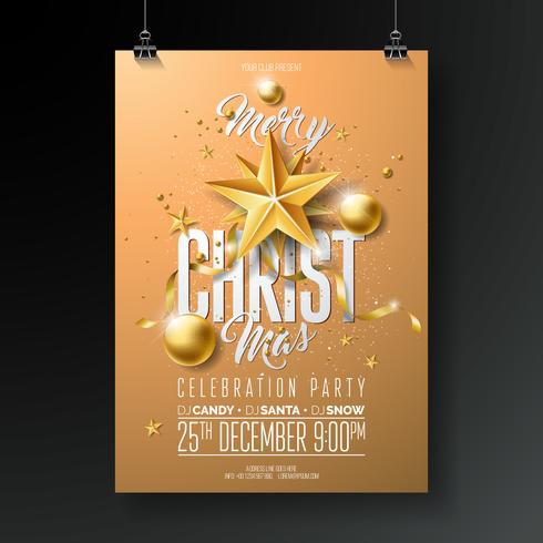 Merry Christmas Party Flyer Illustration with Gold Ornaments vector