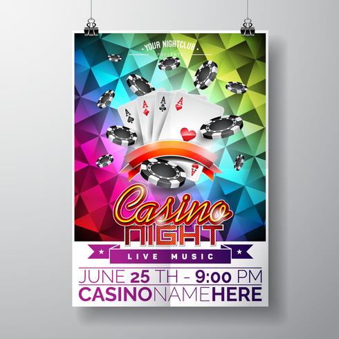 Diseño de Vector Party Flyer sobre un tema de Casino con fichas y tarjetas de juego