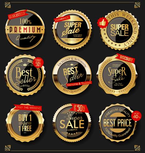 Insignias y etiquetas de oro premium de lujo vector