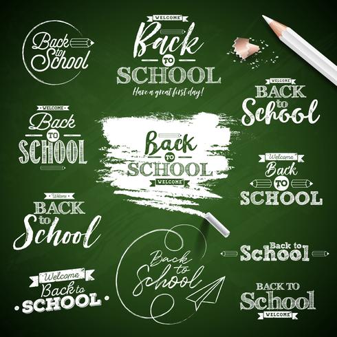 Back to school design set on green chalkboard background vector