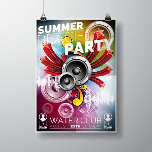 Vector Summer Beach Party Flyer diseño con altavoces