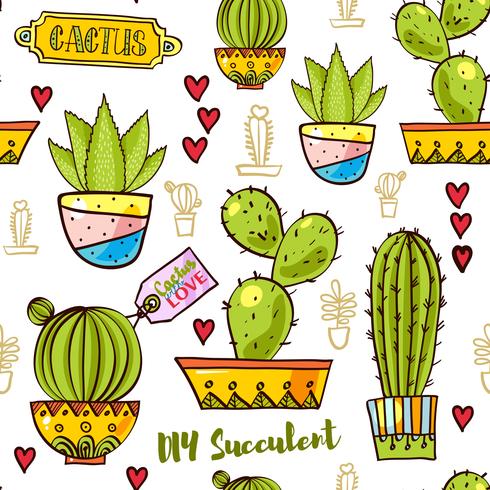 Seamless pattern of cacti and succulents in pots. vector