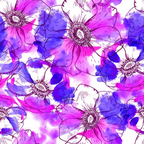 Hand painted watercolor  anemone seamless vector