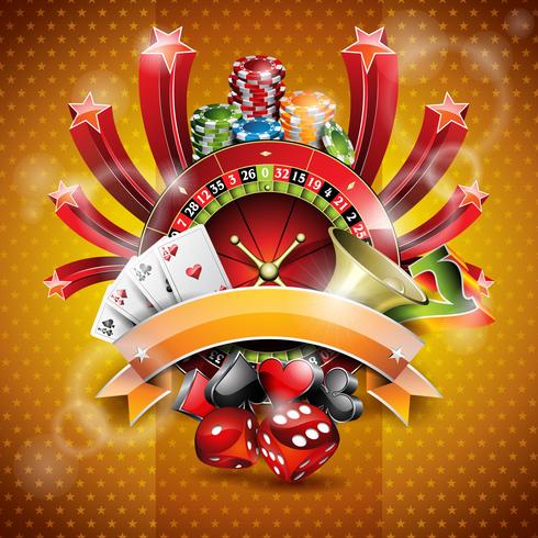 Vector illustration on a casino theme with roulette wheel and ribbon