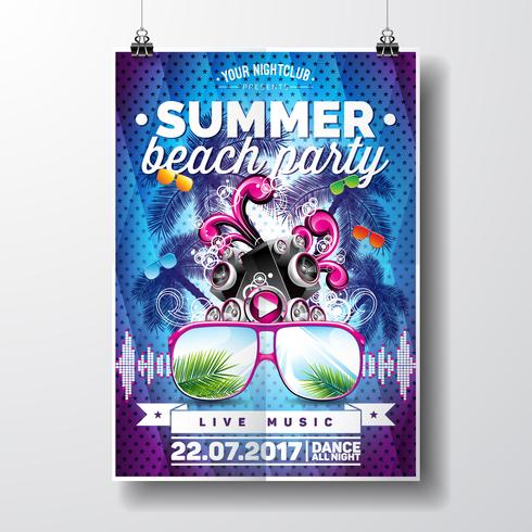 Vector Summer Beach Party Flyer Design con elementos tipográficos y musicales