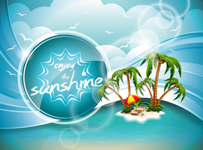 Vector Summer Holiday Flyer Design with palm trees and Paradise Island on clouds background.