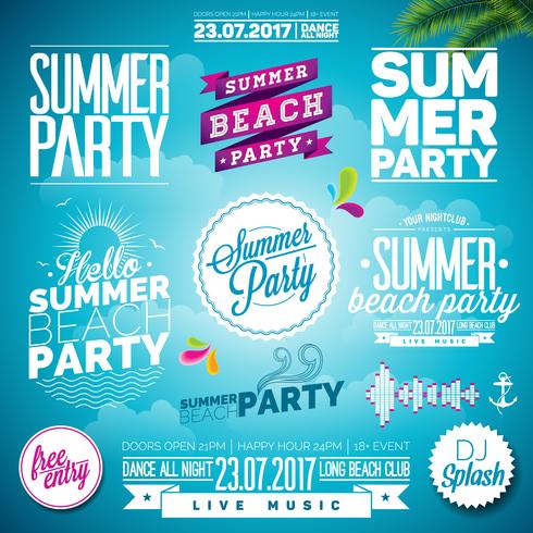 Vector verano playa fiesta tipografía ilustración con signos y símbolos
