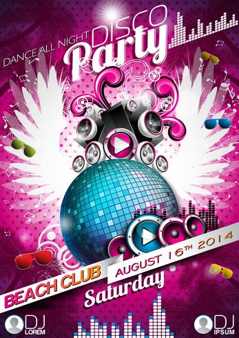 Vector Disco Party Flyer Design with disco ball and wings on pink background.