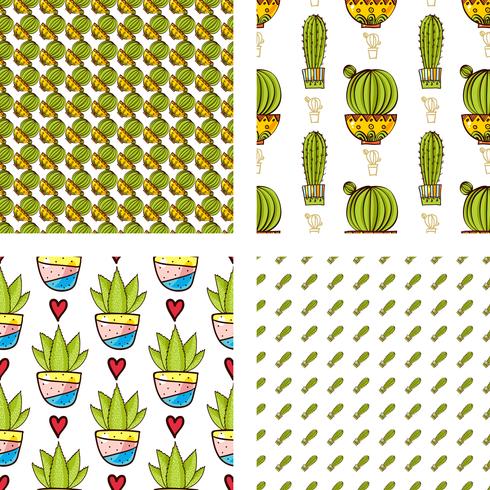 Set Seamless pattern of cacti and succulents in pots. vector