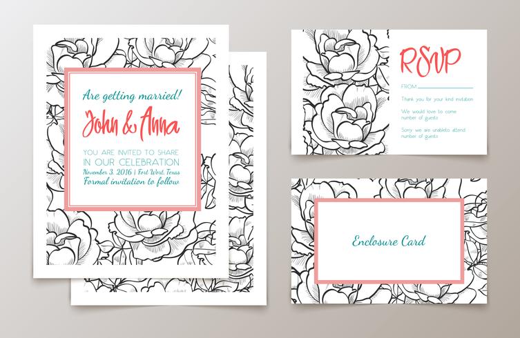 Un conjunto de suministros de oficina para invitaciones de bodas, vector