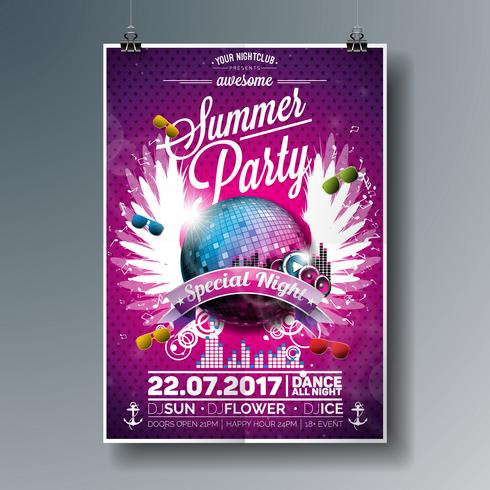 Vector Summer Beach Party Flyer Design con elementos de bola de discoteca y música