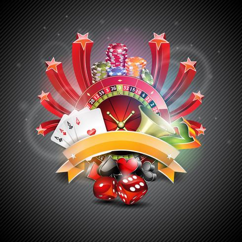Vector illustration on a casino theme with croulette wheel and poker cards