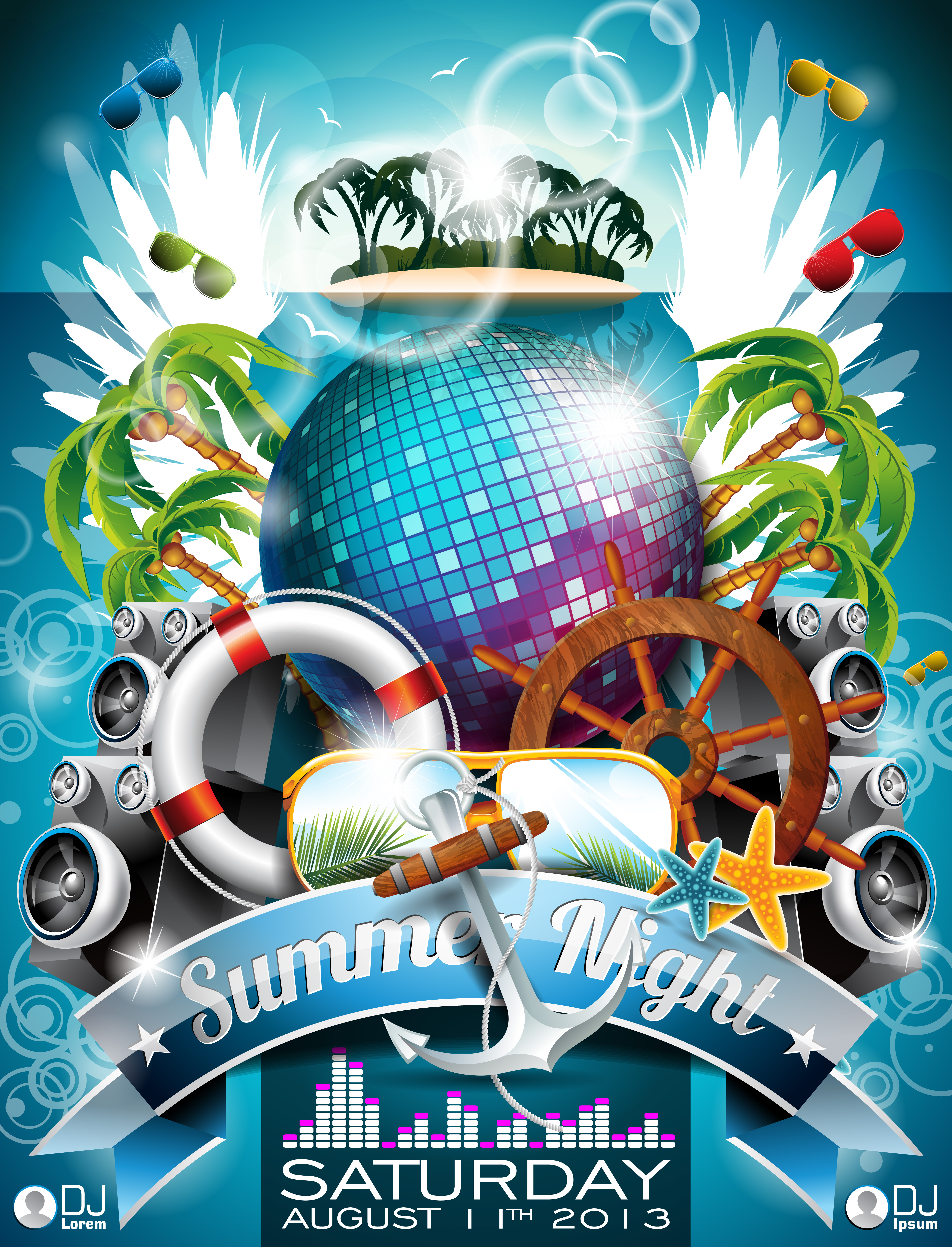 Vector Summer Beach Party Flyer Design with disco ball and shipping