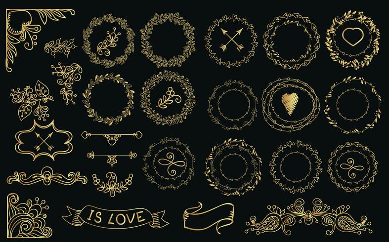 Collection of handdrawn gold laurels and wreaths. vector