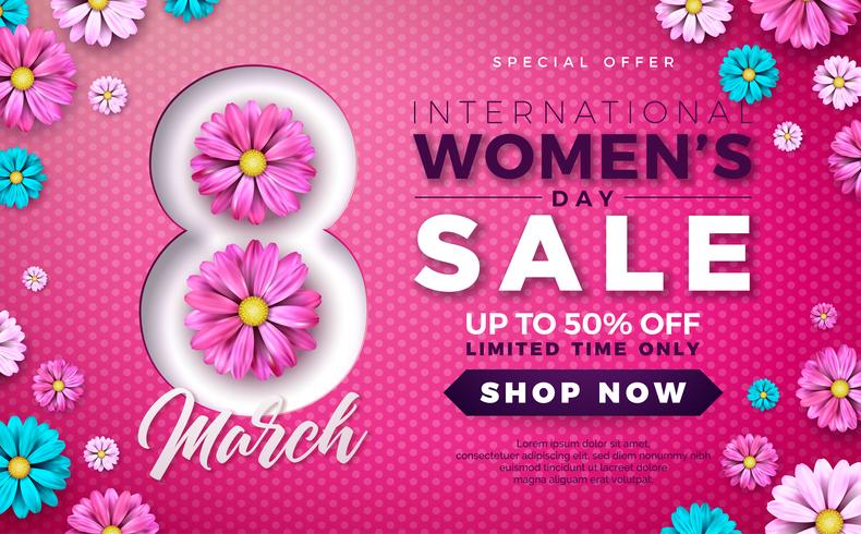 Womens Day Sale Design with Beautiful Colorful Flower on Pink Background. vector