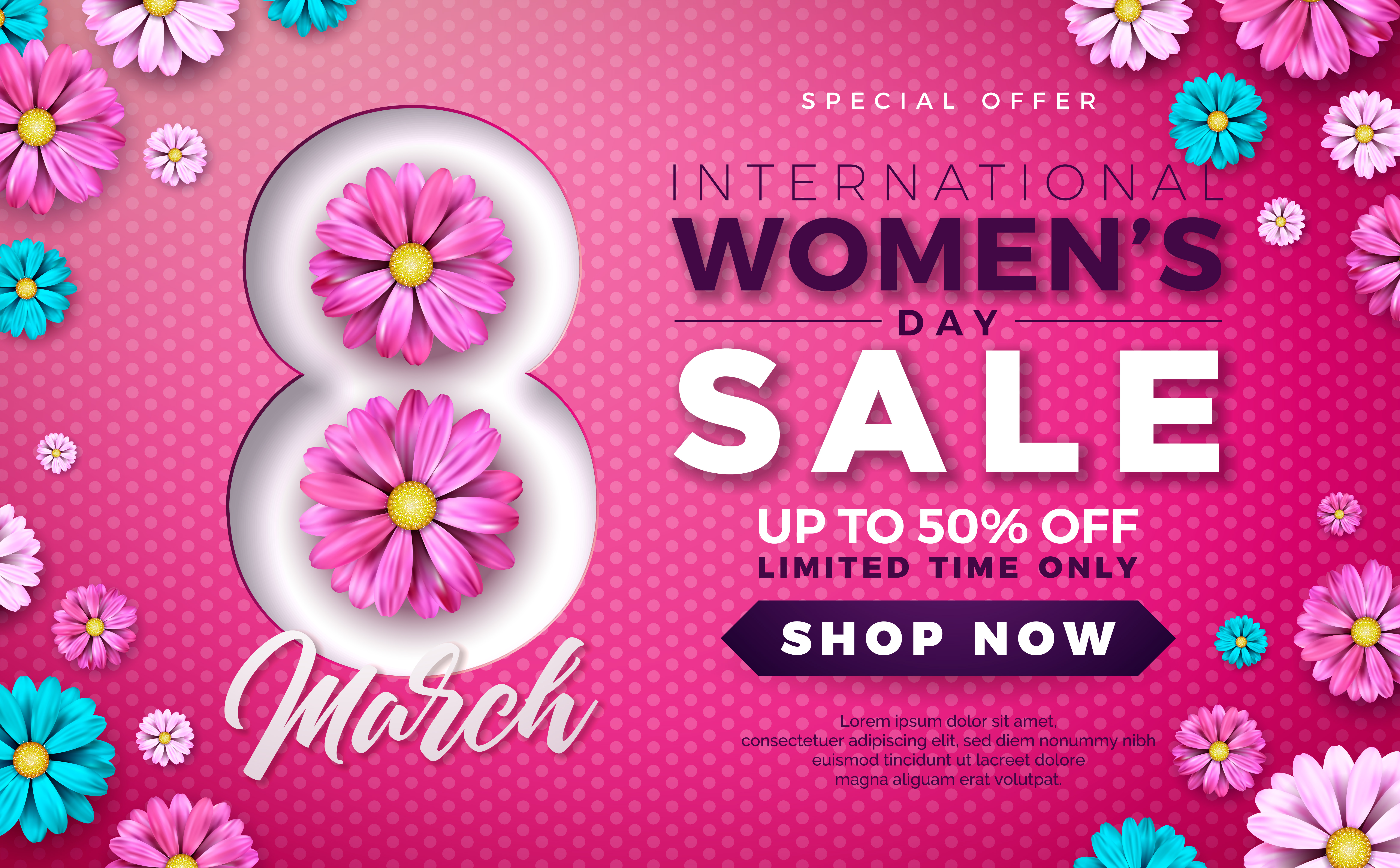 Womens Day Sale Design with Beautiful Colorful Flower on Pink
