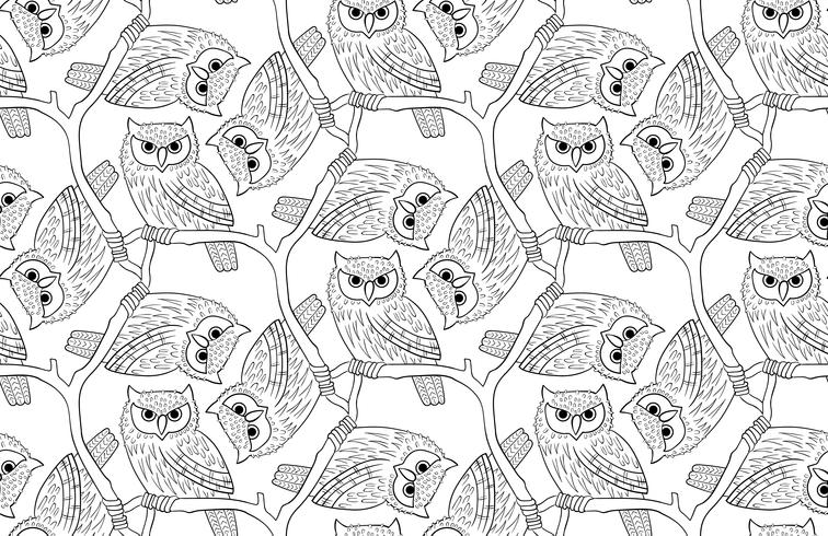 Big-eared owl. A seamless pattern in the handdrawn style. vector