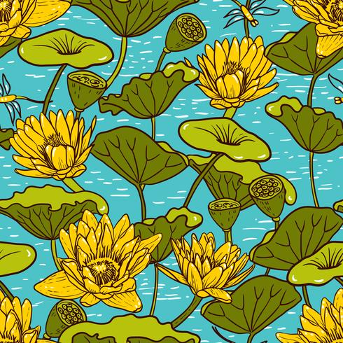 Elegant Yellow Water Lilies, Nymphaea seamless floral pattern vector