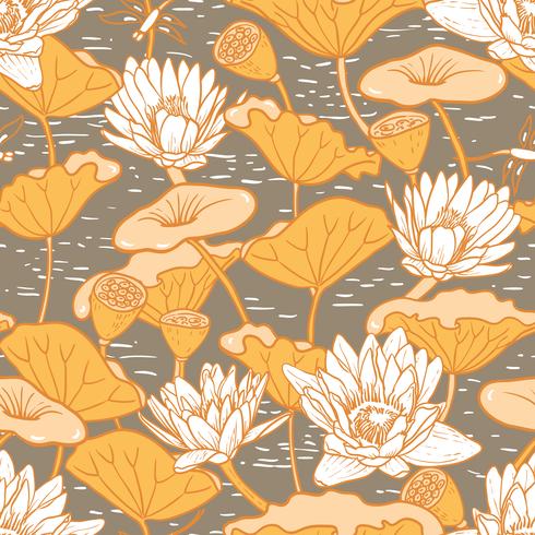 Elegant Water Lilies, Nymphaea seamless floral pattern vector