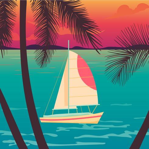 Yacht on a sunset and silhouettes of palms. vector