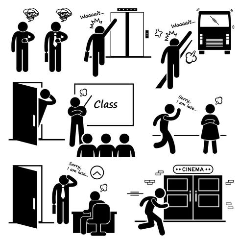 Tardía y apresurándose para los íconos de pictogramas de figura de palo de paleta, autobús, clase, fecha, entrevista de trabajo y película. vector