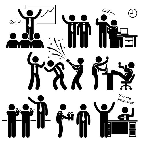Happy Boss Rewarding Employee Stick Figure Pictogram Icon. vector