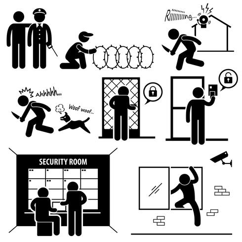 Sistema de seguridad Stick Figure Pictogram Icon. vector