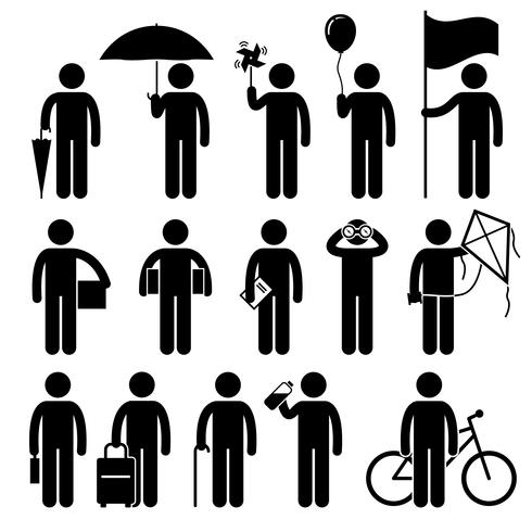 Man with Random Objects Stick Figure Pictogram Icons. vector