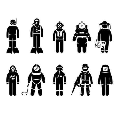 Scuba Diving Dive Deep Sea Spacesuit Biohazard Beekeeper Nuclear Bomb Airforce SWAT Volcano Protective Suit Gear Uniform Wear Stick Figure Pictogram Icon.  vector