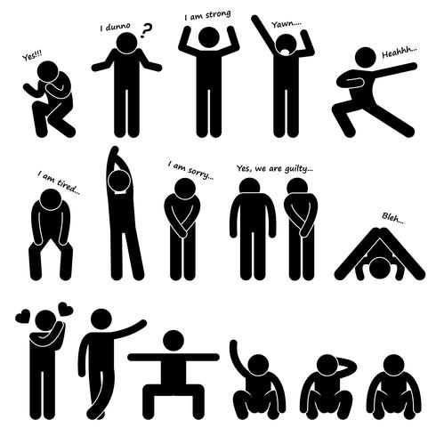 Man Person Basic Body Language Posture Stick Figure Pictogram Icon. vector