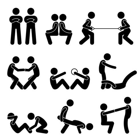 Exercise Workout with a Partner Stick Figure Pictogram Icons. vector