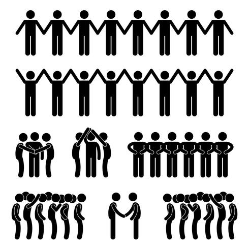 Man United Unity Community Holding Hand Stick Figure Pictogram Icon. vector