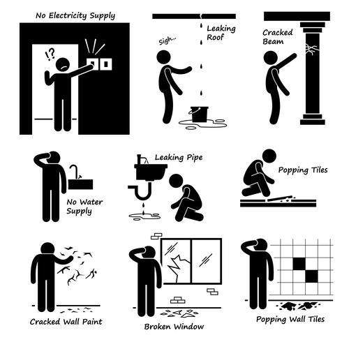 Casa rota problemas de construcción antigua figura palo pictograma iconos. vector