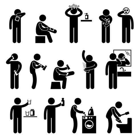 Man using Healthcare Product Hair Body Shampoo Lotion Facial Mask Eating Food Supplement Stick Figure Pictogram Icon. vector