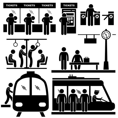 Train Commuter Station Subway Man Passengers Stick Figure Pictogram Icon. vector