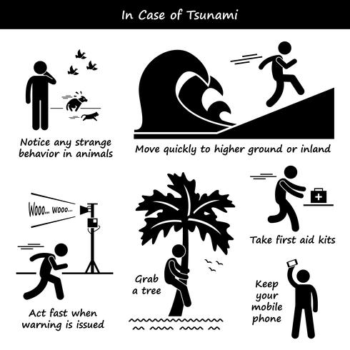 En caso de tsunami, plan de emergencia, figura de palo, pictograma iconos. vector