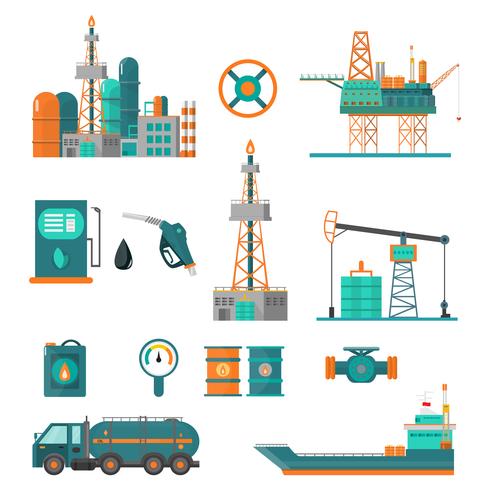 Set of oil industry extraction production and transportation oil and petrol, rig and barrels on flat cartoon icons vector