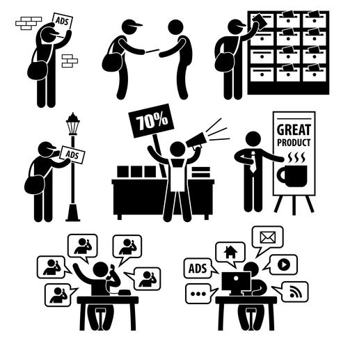 Advertisement Marketing Strategy Distributing Banner Leaflet Promotion Salesman Telemarketing Email Internet Stick Figure Pictogram Icon. vector