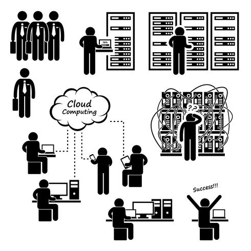 IT Engineer Technician Admin Computer Network Server Data Center Cloud Computing Stick Figure Pictogram Icon. vector