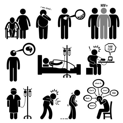 Hombre Enfermedades comunes y enfermedad Stick Figure Pictogram Icon Cliparts. vector
