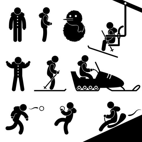Winter Activity Chairlift Skiing Snowmobile Snow Fight Sledding. vector