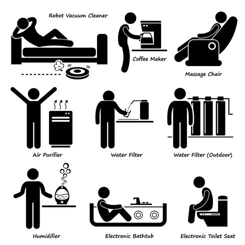 Home House Advanced Electronic Appliances Stick Figure Pictogram Icon Cliparts. vector